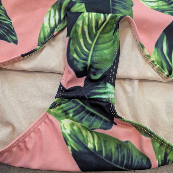 Albion Black and White Striped Bikini Top with Pink and Green Leaf Bottoms - Picture 4 of 9